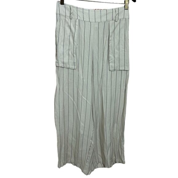 Luna Moon Beige Striped Wide Leg Paper Bag Pants Sz M Relaxed Comfy Pockets - Picture 2 of 6